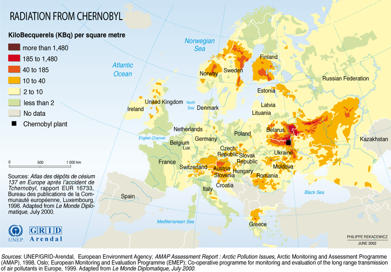 Location of the Chernobyl plant, and the spread of radiation contamination afterwards