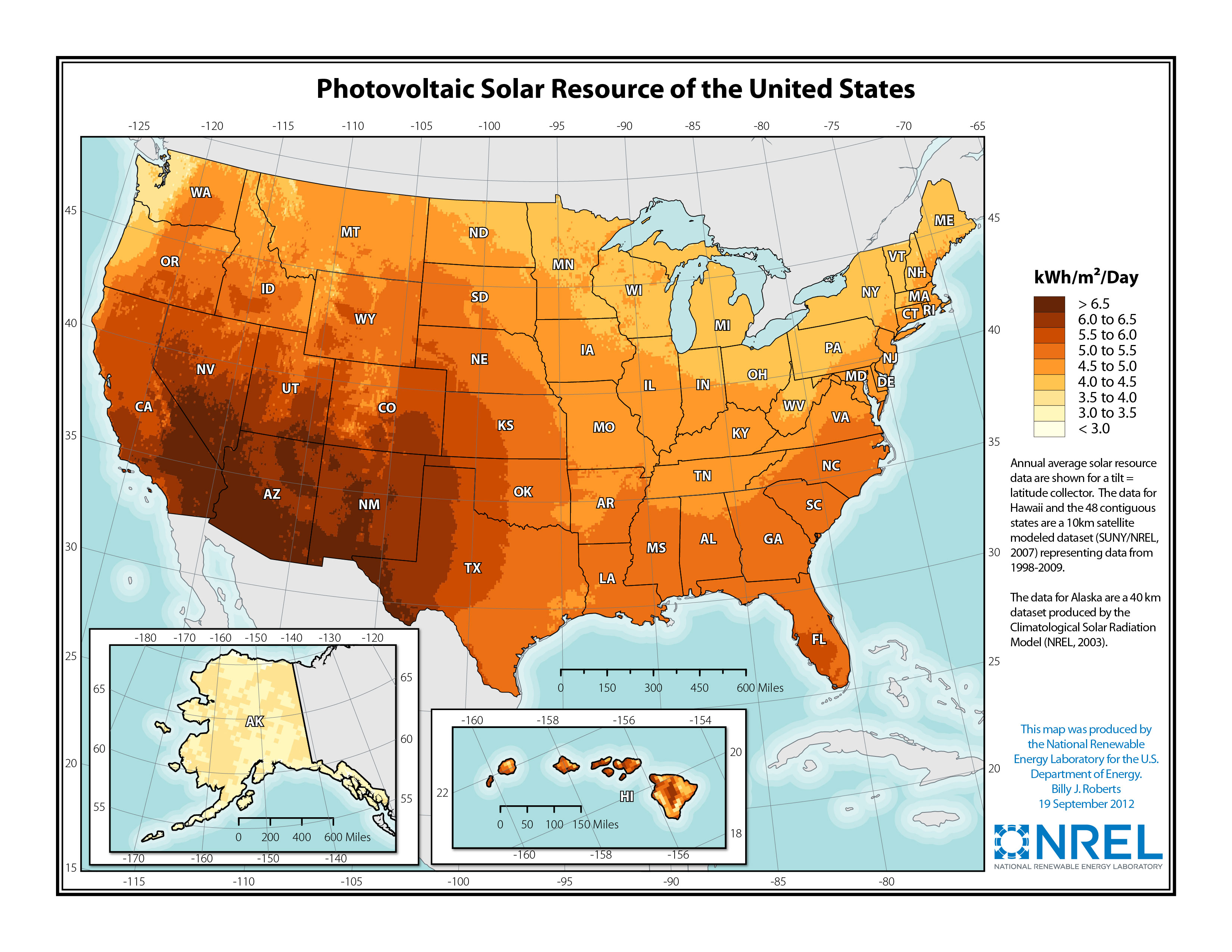 Solar power resources in the US. Darker colors indicate better regions for solar power. 