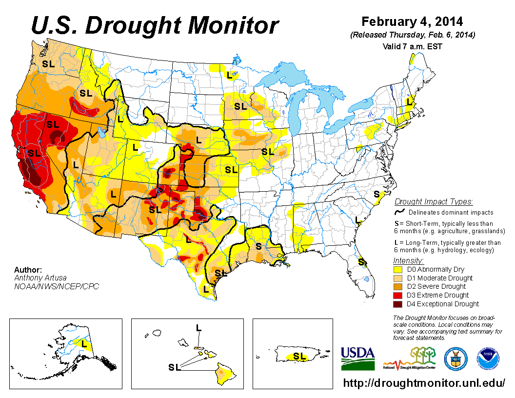 Drought in the US. Much of the west coast is short of water. 