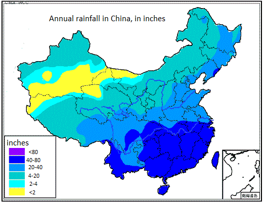 Rainfall in China, in inches